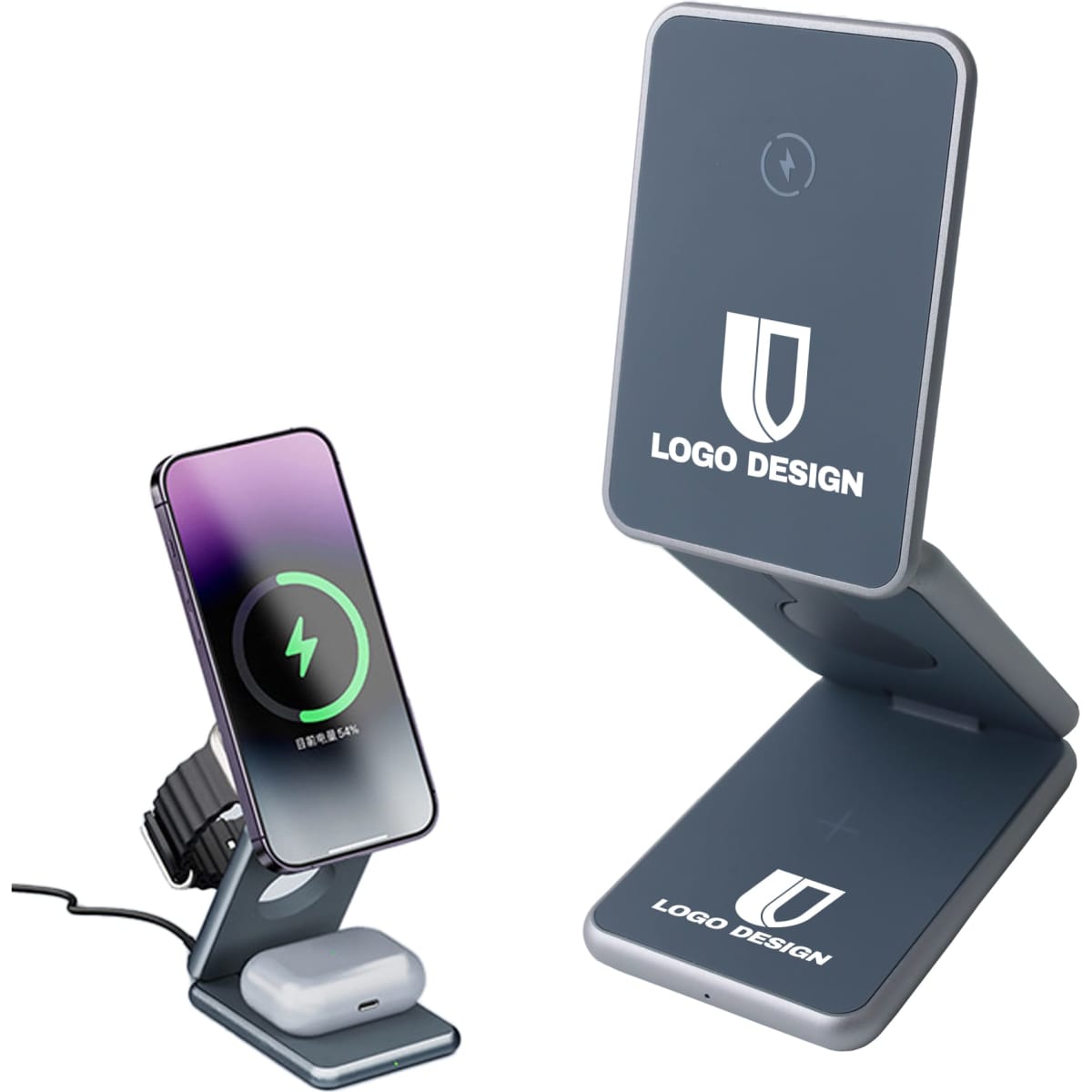 A grey foldable wireless charger stand with a smartphone and earbuds charging on it. It features a logo design.