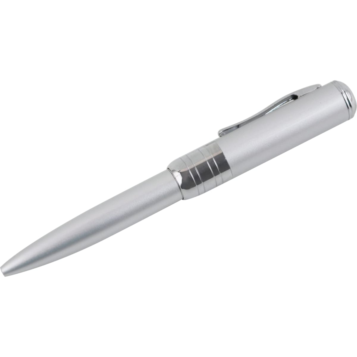 A silver pen featuring a sleek design, with a clip and a silver barrel. It has a branding logo on its side.