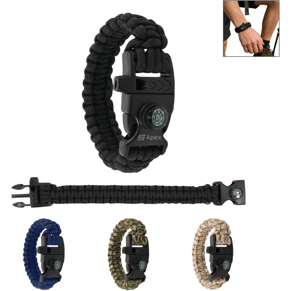 A paracord survival bracelet in black, featuring a whistle, compass, and a variety of colours including navy and khaki.