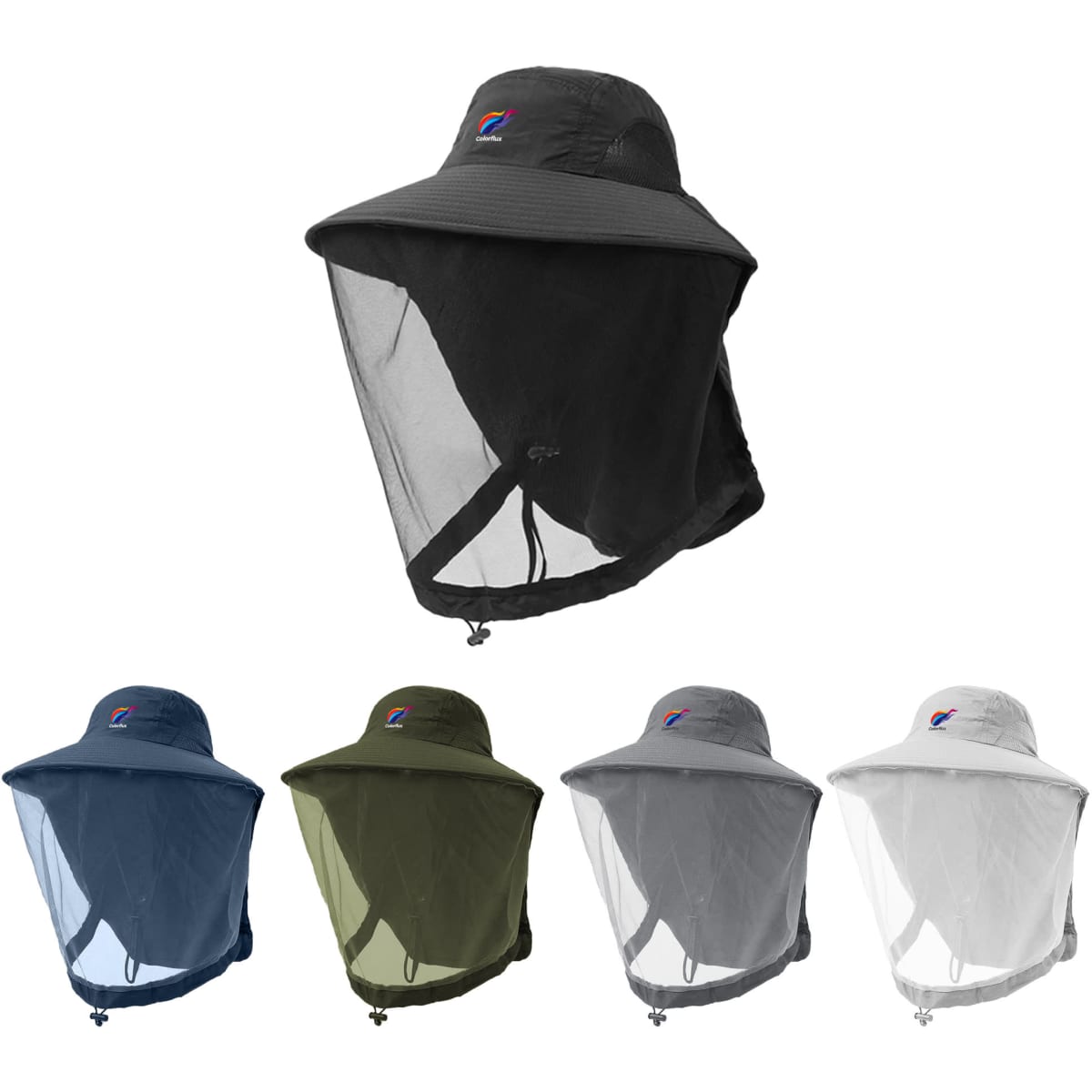 A Mosquito Mesh Hat in various colours, featuring a wide brim and a mesh neck flap, with a logo on the front.