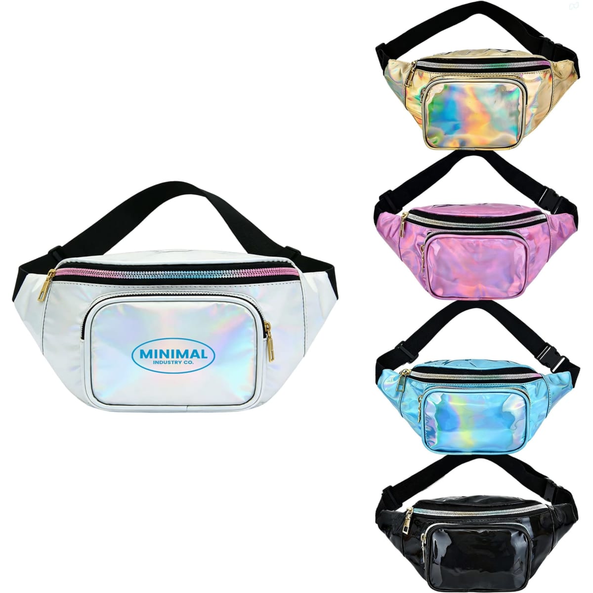 Holographic waist bags in white, pink, blue, and black, featuring a zippered front pocket and a logo.