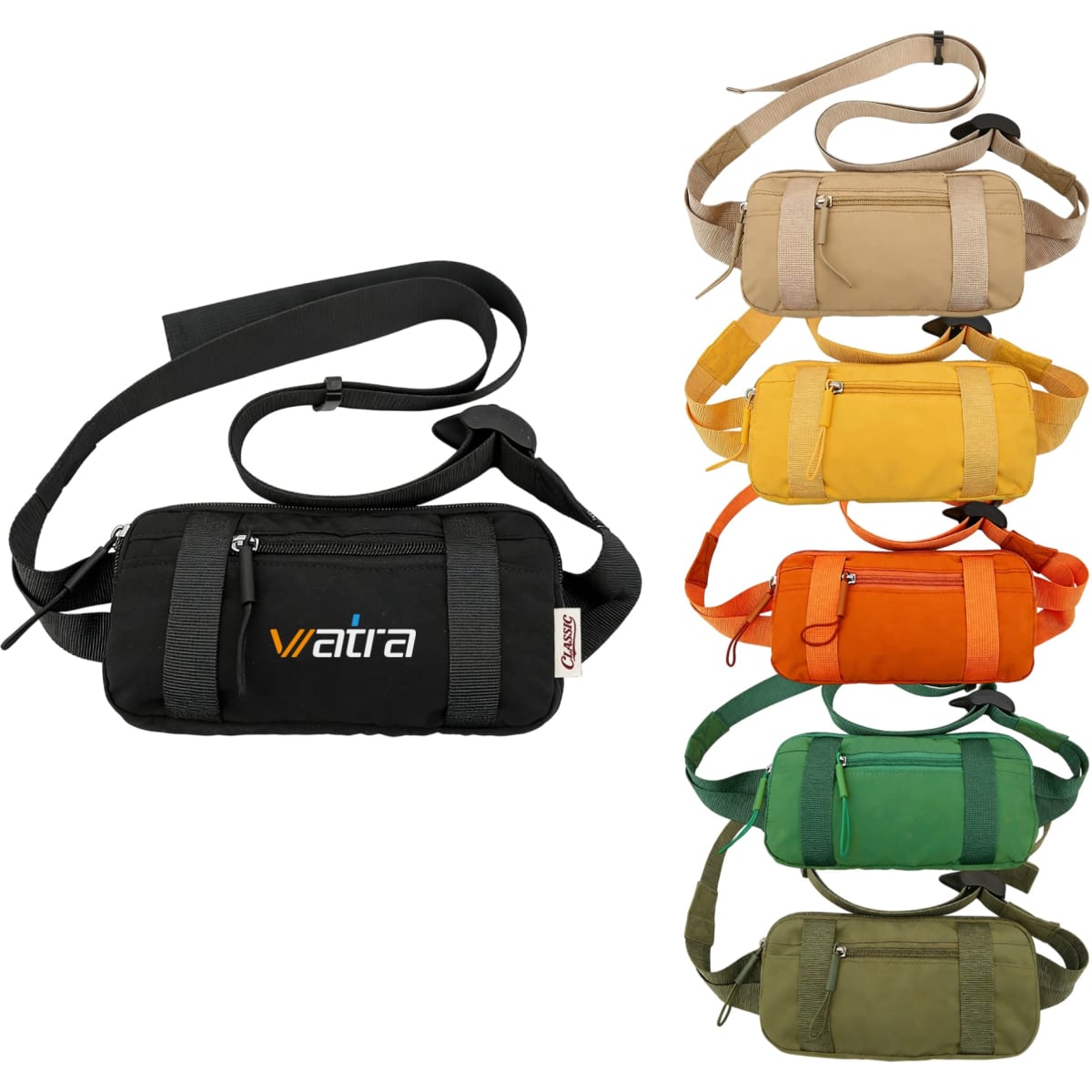 A travel fanny pack in black, with options in beige, yellow, orange, and green, featuring zippers and a logo.