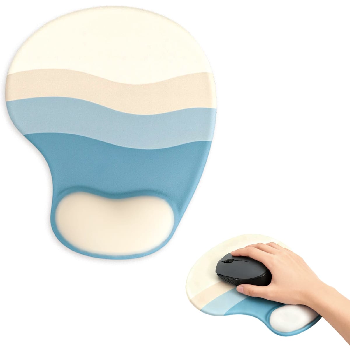 A blue and cream lightweight bean gel pad with a hand resting on a black computer mouse. It features a smooth, wavy design.