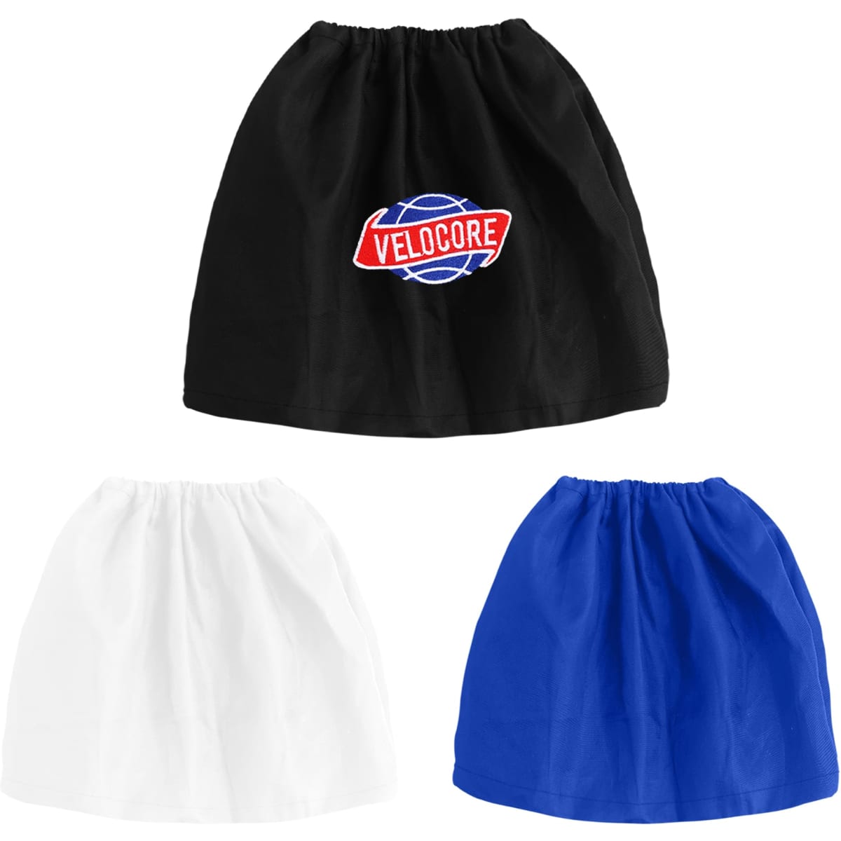 Three waterproof boot covers in black, white, and blue, each featuring a logo.
