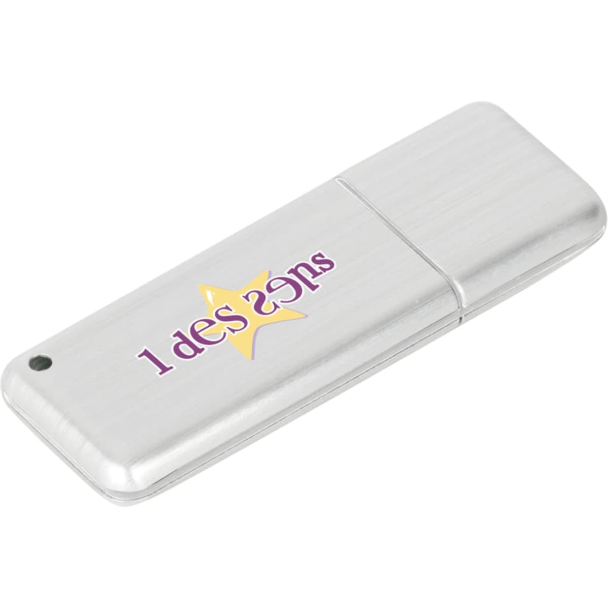 A silver flash drive with a sleek design and a small logo on its surface.