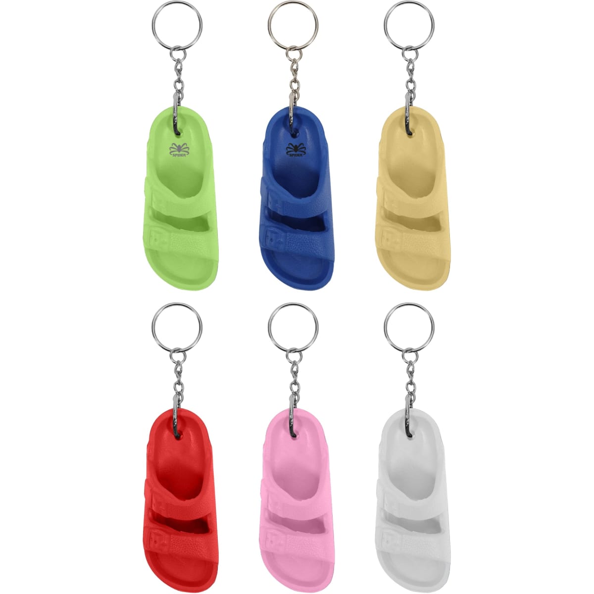 A collection of six Slides Shape Keyrings in red, blue, yellow, green, pink, and white, each attached to a metal chain.