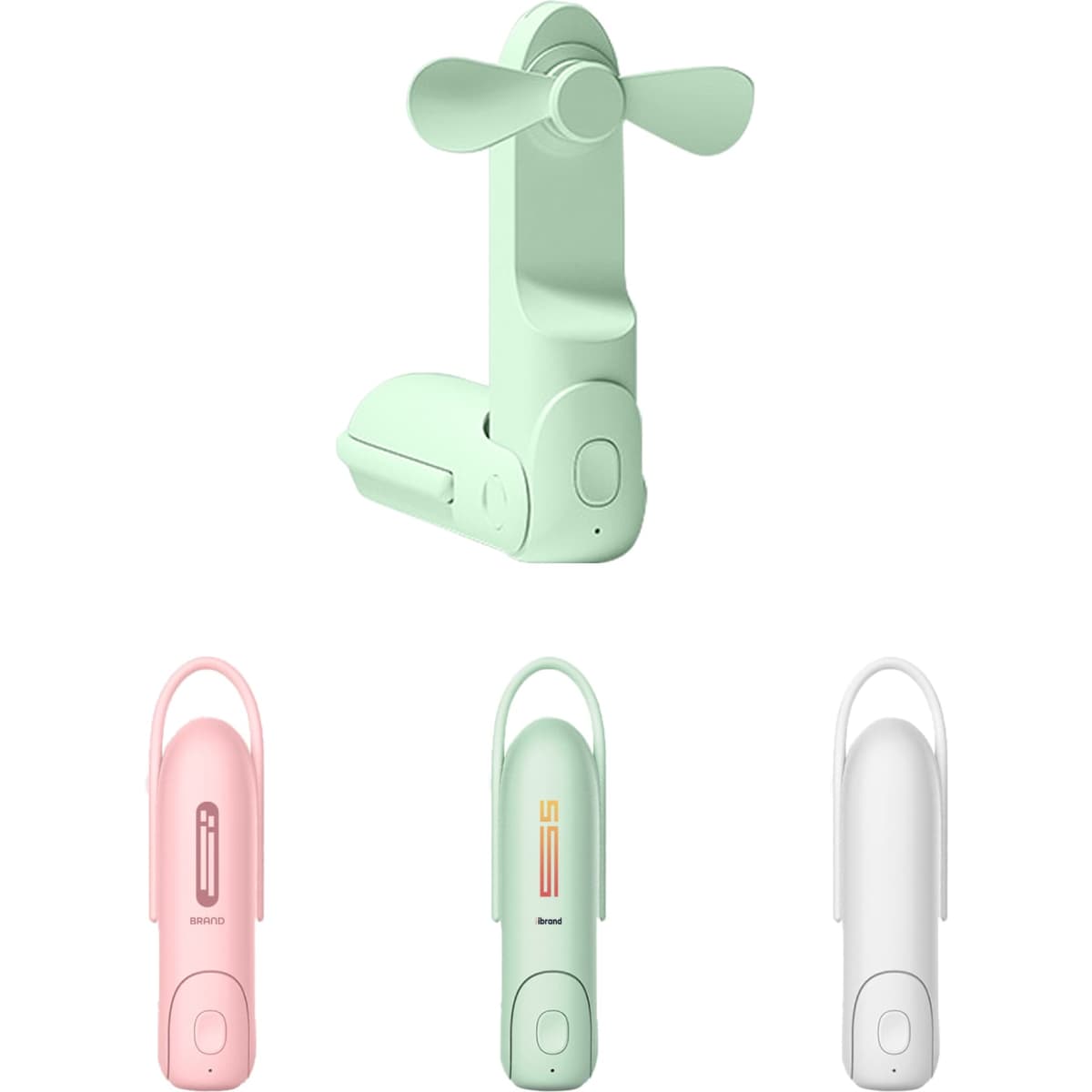 A pastel green handheld mini fan with a flashlight, accompanied by pink, white, and another variant in a similar style.