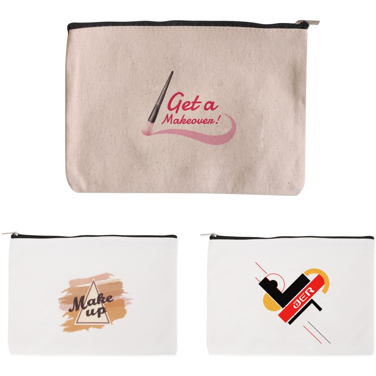 A rectangle canvas cosmetic bag in beige and white featuring design elements and a logo.