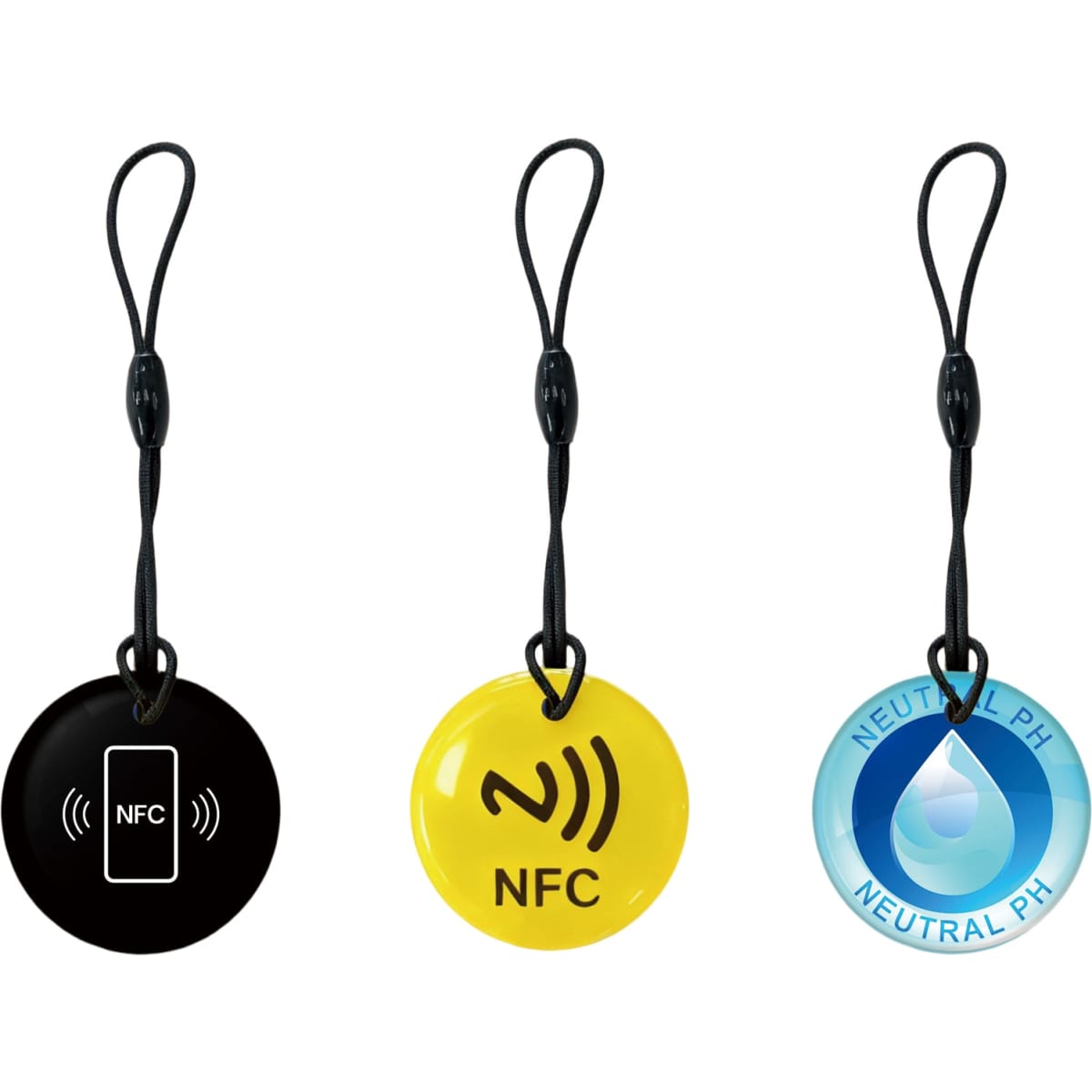 Three round NFC epoxy tags in black, yellow, and blue, each with a strap, featuring different designs.