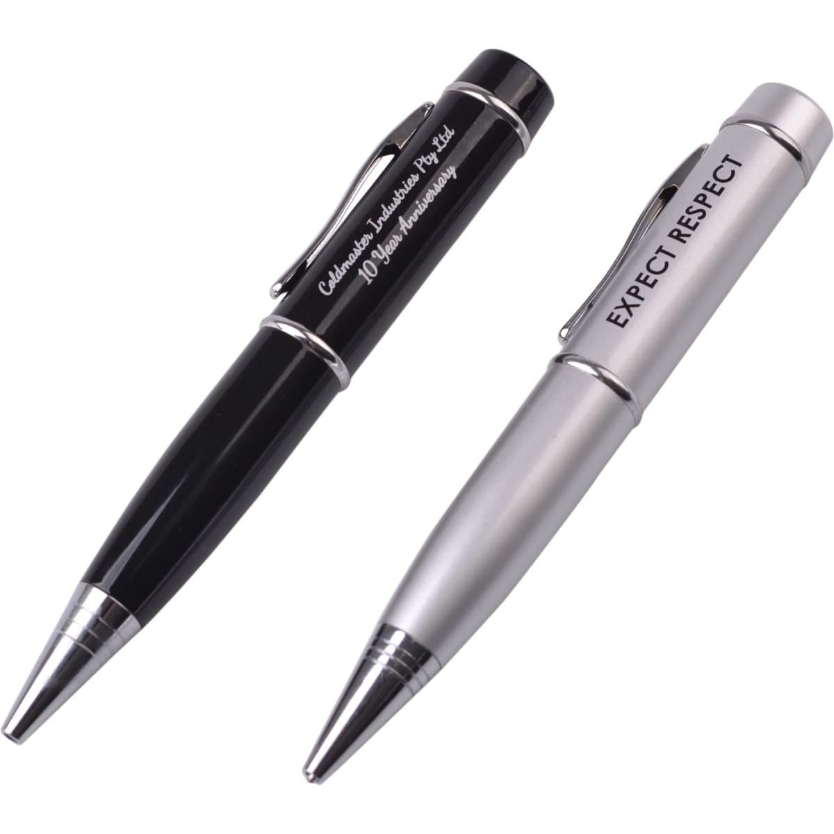 A set of two pens, one black and one silver, each featuring a clip and a branding logo.