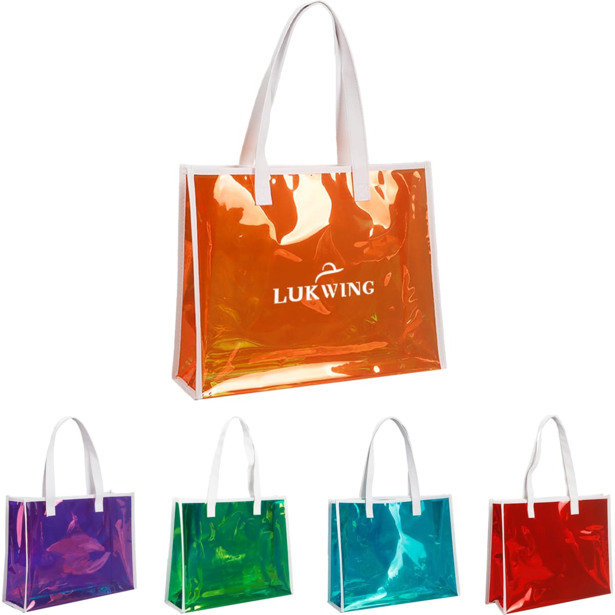A clear handbag with orange, purple, green, and red options, featuring white handles and a logo.
