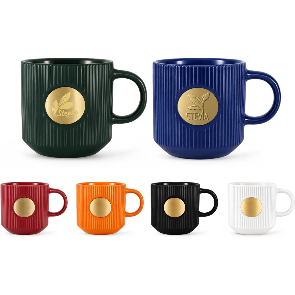 A ceramic mug set in green, navy, red, orange, black, and white, each featuring a bronze medal design on the front.