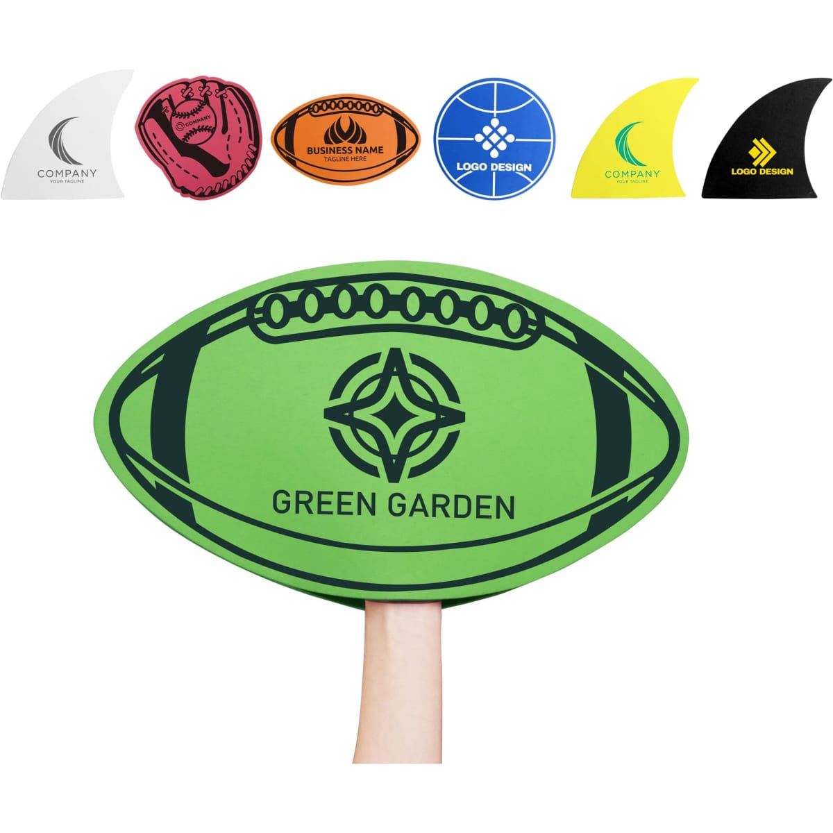 A green foam mitt shaped like a rugby ball, with various smaller foam mitts in different colours and designs above it.