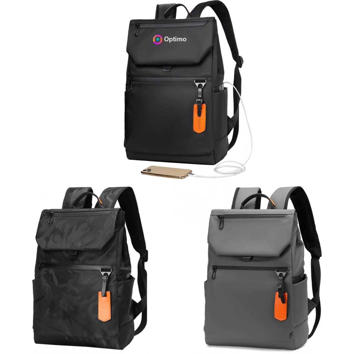 A black and grey laptop backpack with an orange tag, featuring a logo and multiple compartments.