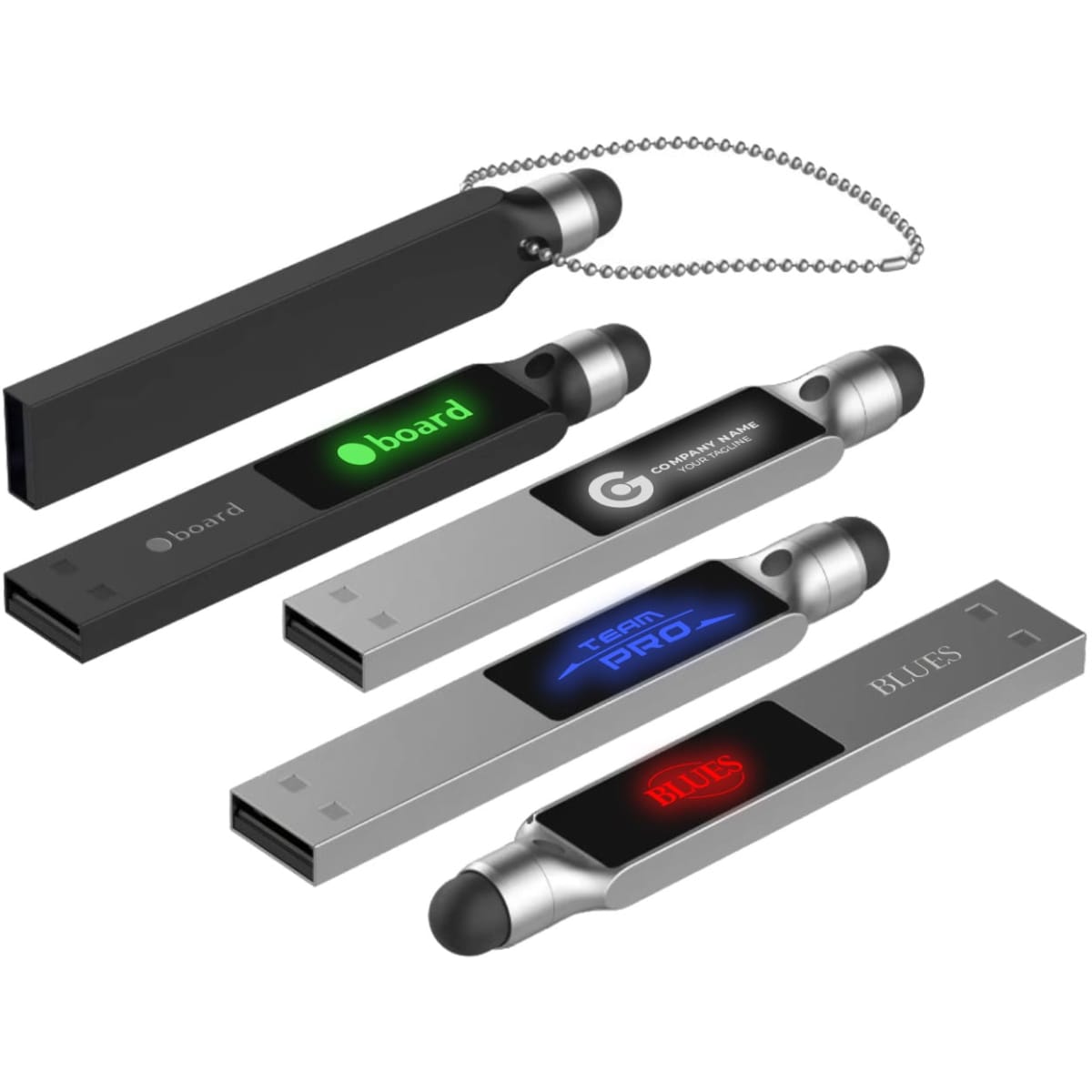 A collection of four flash drives in black and silver, featuring backlit logos and keychain attachments.