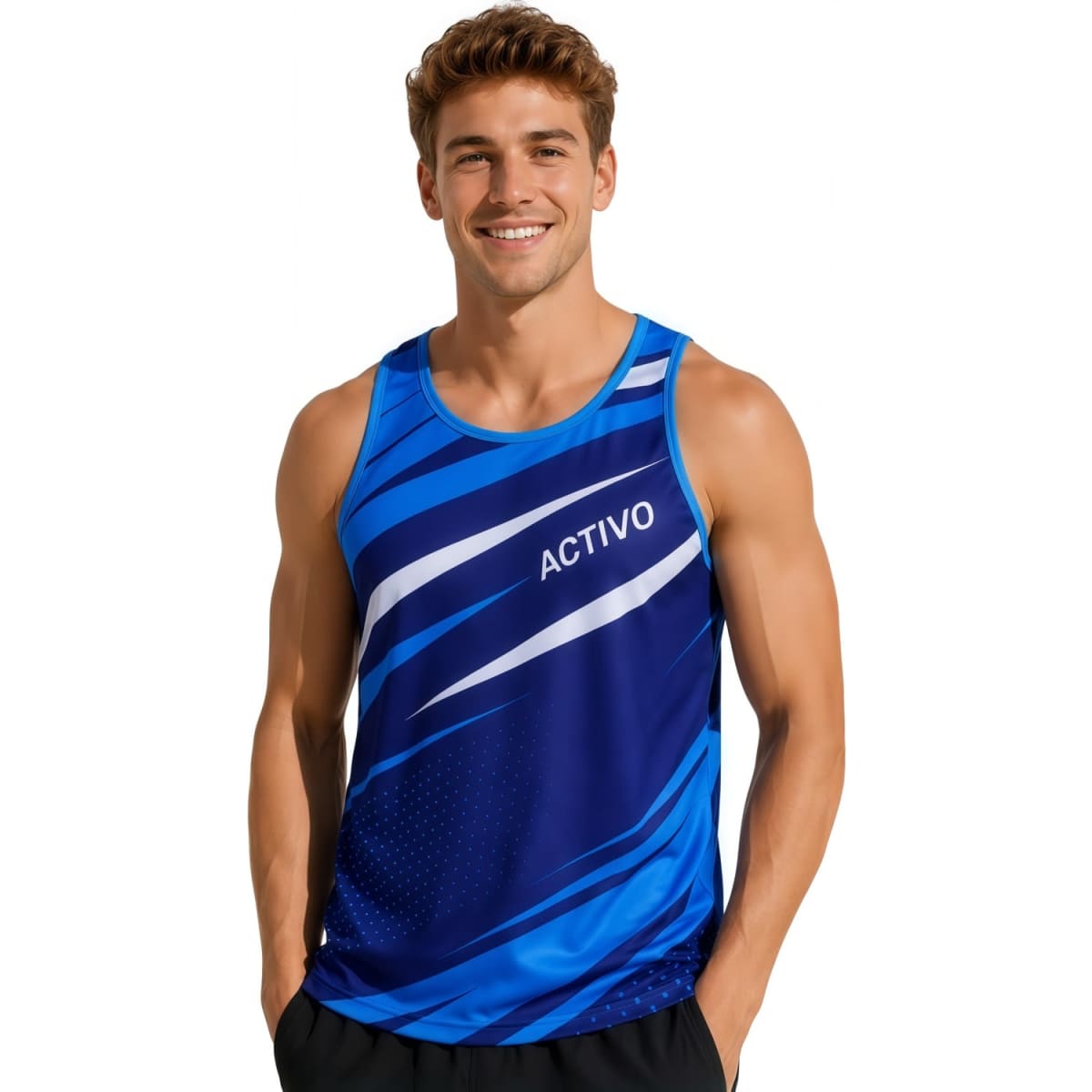 A blue and turquoise sports singlet with a dynamic design and a logo on the front.