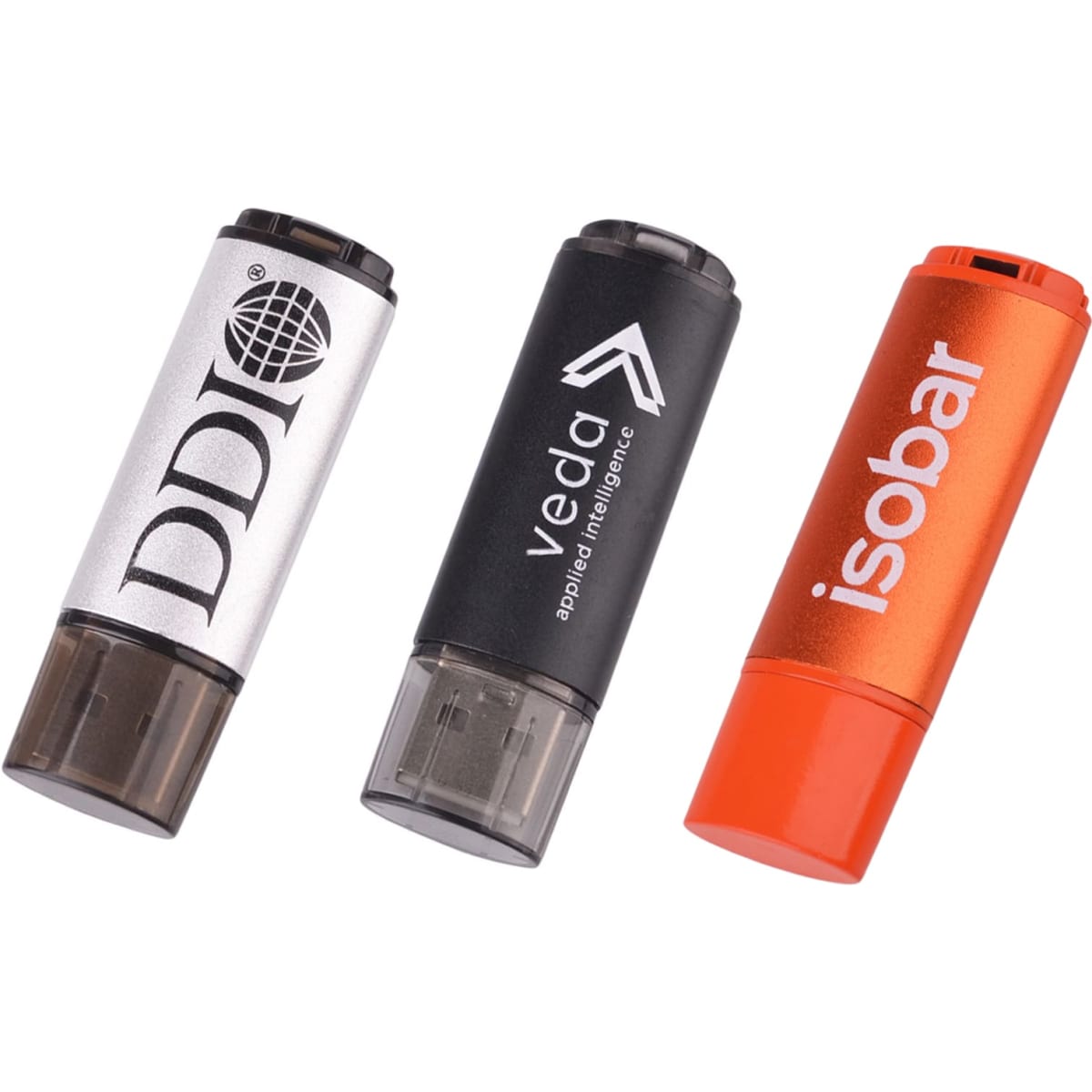 Three flash drives in silver, black, and orange colours, featuring different logo designs on each.