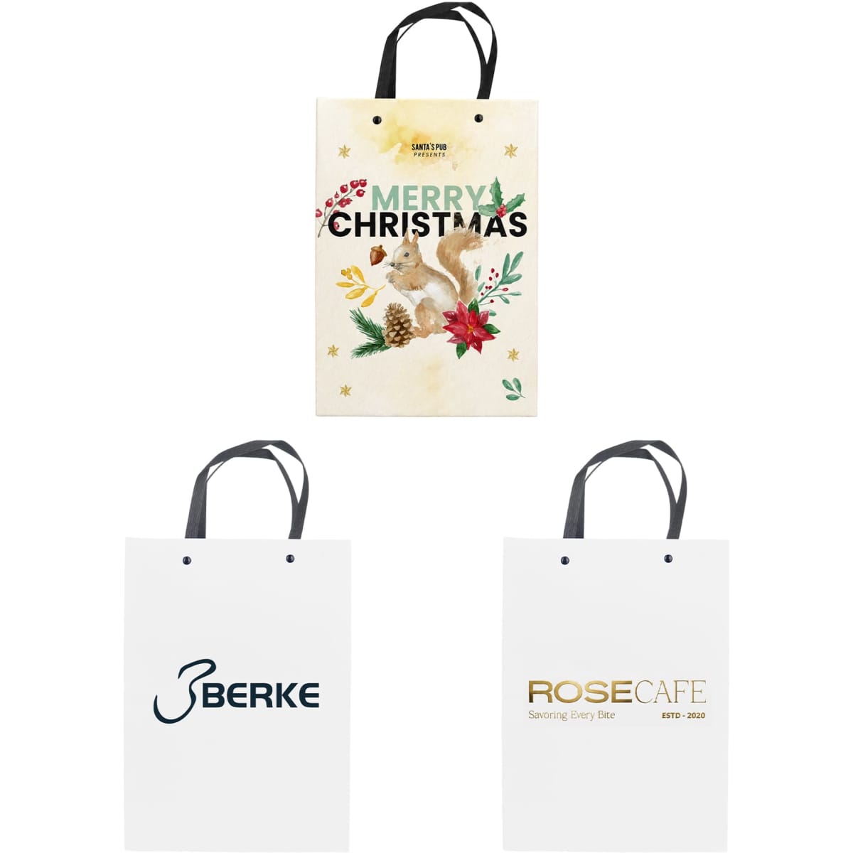 A knitted handle bag with lamination in cream and white, featuring festive and plain designs, including logos.