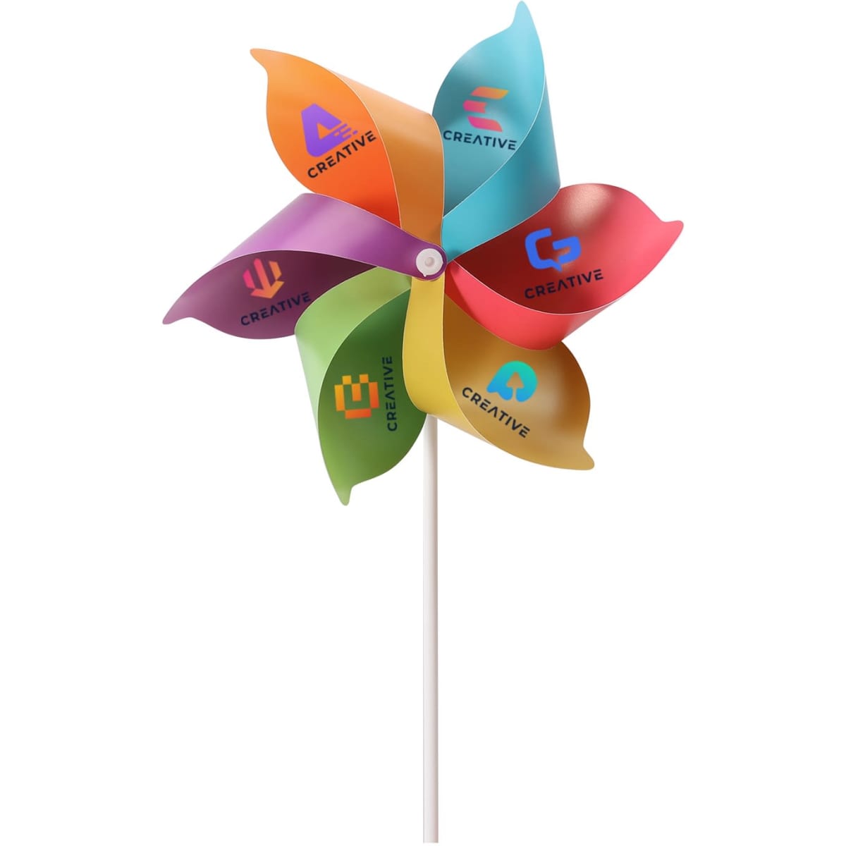 A six-leaf pinwheel featuring colourful blades in orange, pink, green, and blue, mounted on a white handle.