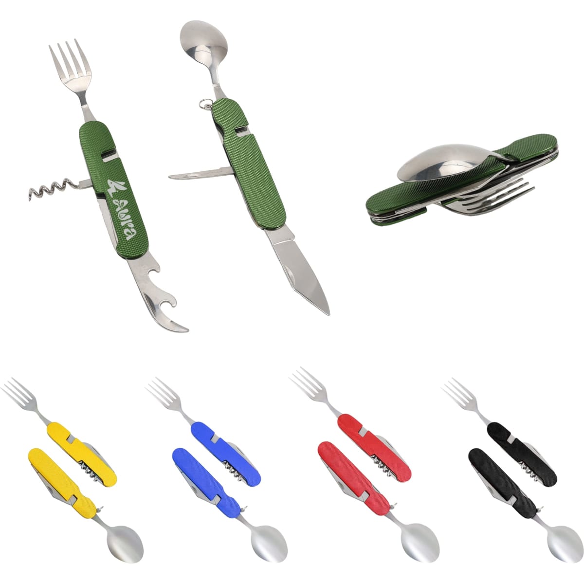 A multi-coloured camping cutlery tool featuring green, yellow, blue, red, and black handles with stainless steel utensils.