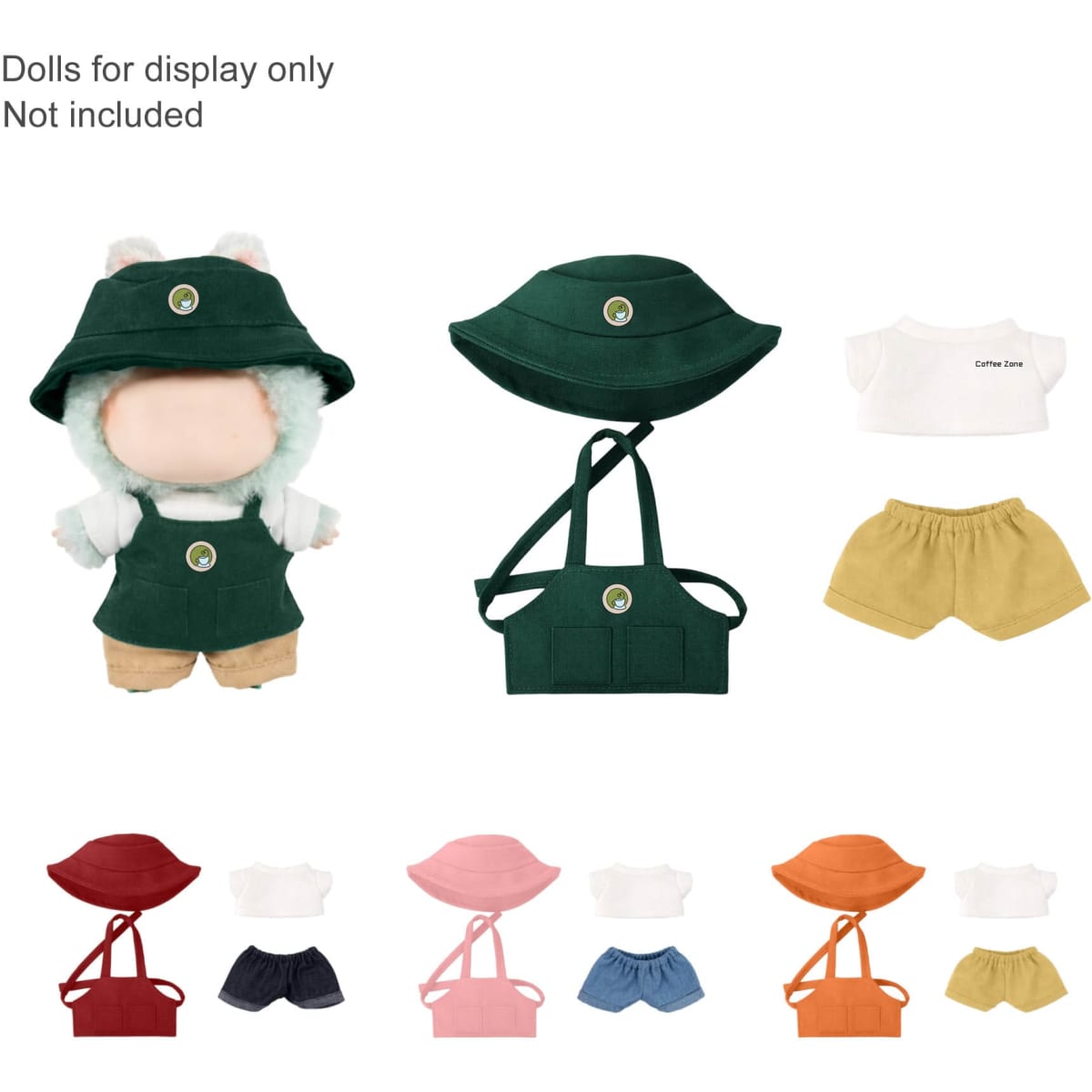 A plush doll apron outfit featuring green clothing items, a hat, and colourful shorts in yellow, pink, orange, and red.