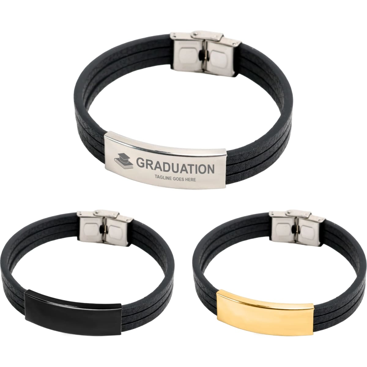A multi-layer leather bracelet in black, featuring silver and gold metal accents, with an attached logo.