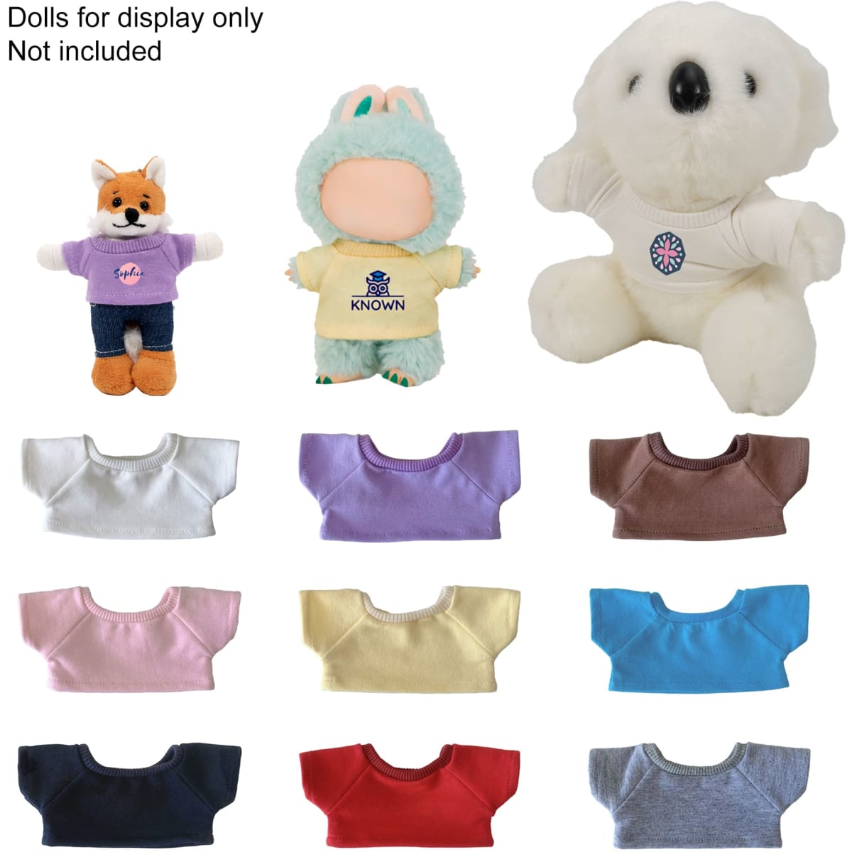 A collection of basic T-shirts in various colours for plush dolls, displayed alongside three plush dolls wearing T-shirts.