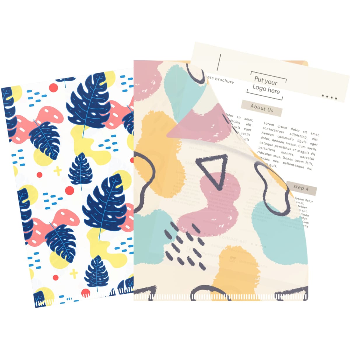 A4 L-shaped open folder featuring abstract patterns in blue, pink, yellow, and green with a logo.