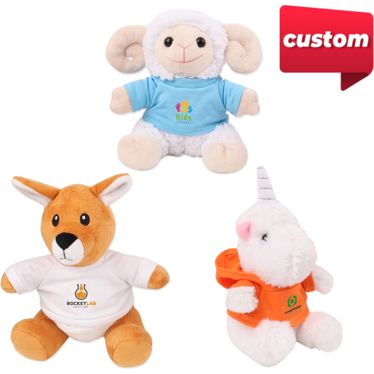 Three custom shape plush toys: a sheep, kangaroo, and unicorn, each in colourful outfits and featuring branding.