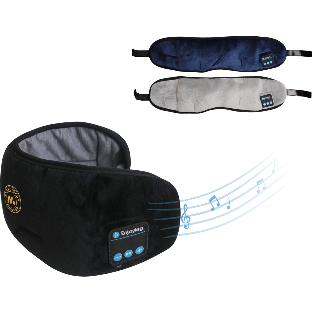 Bluetooth sleep headphones in black, with a grey and blue pair shown above. Features soundwaves indicating audio capability.