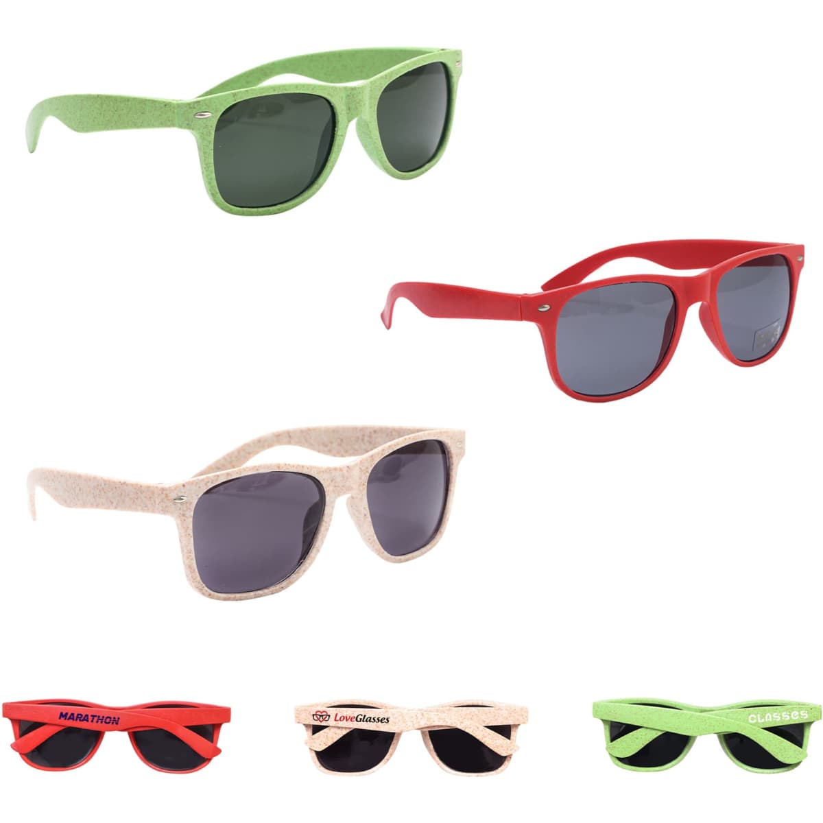 A collection of Wheat Straw sunglasses in green, red, and beige with dark lenses and various logos.