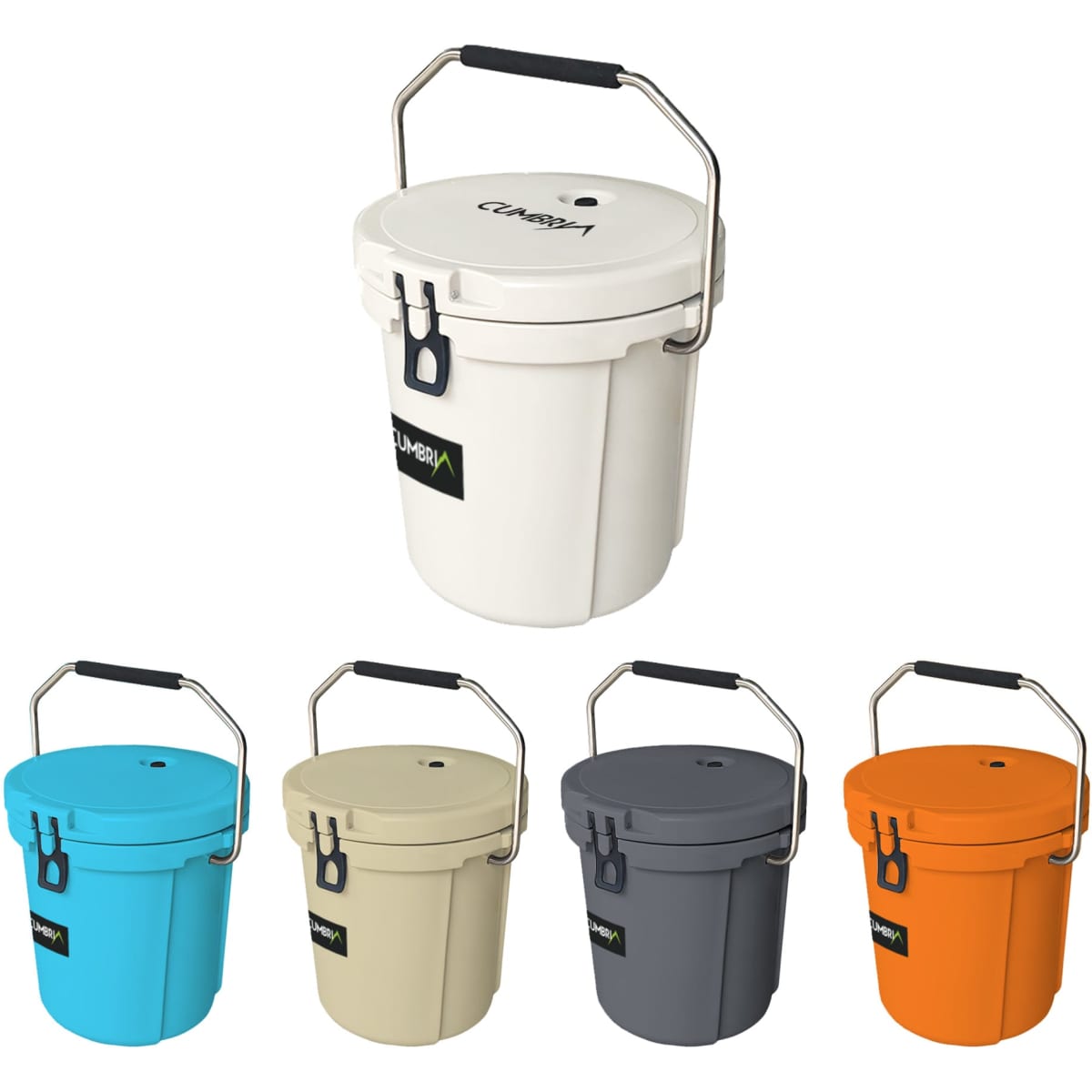 A 15L ice bucket with a handle, available in white, beige, grey, and orange, featuring a logo.