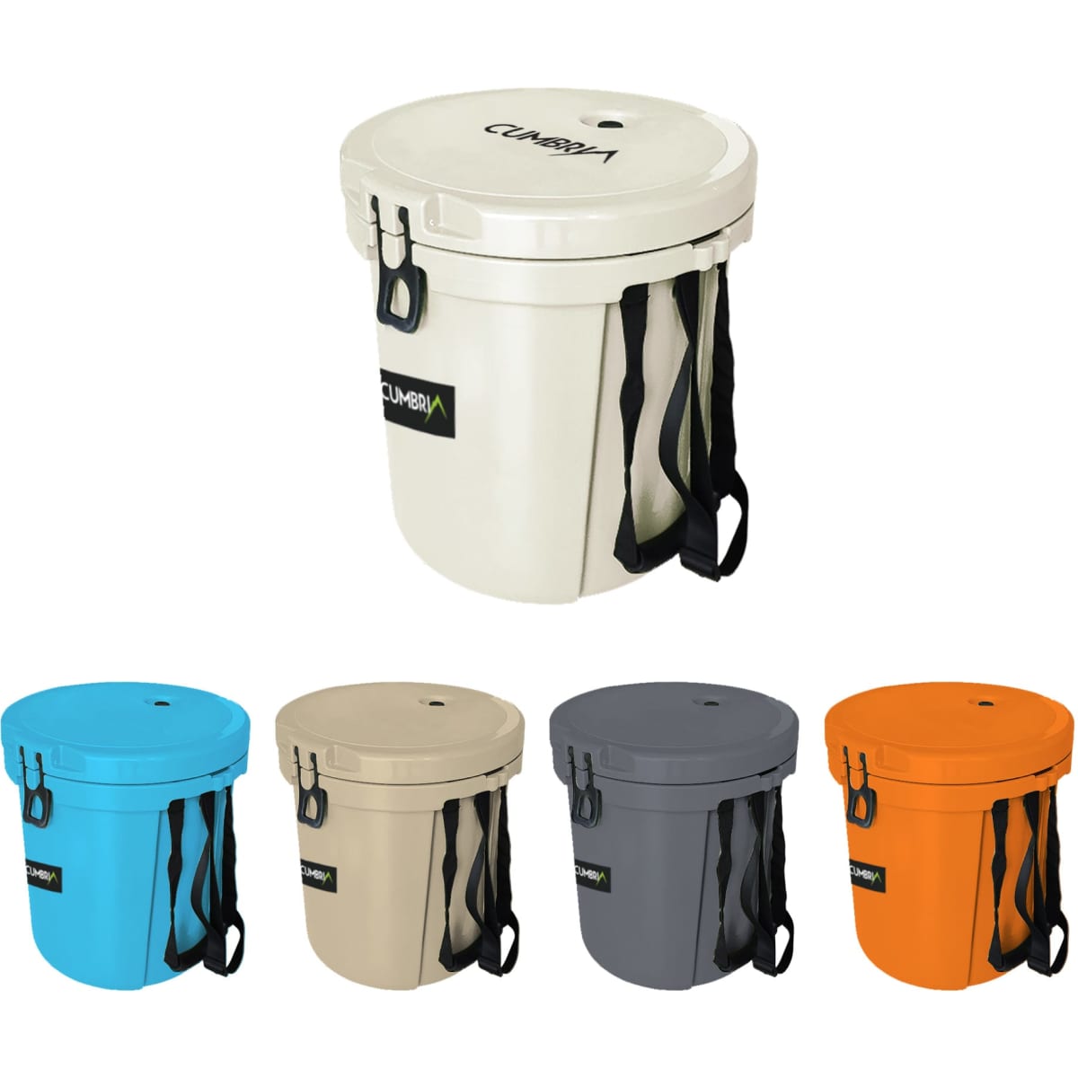 A 15L ice bucket in multiple colours, featuring handy ropes for easy carrying and a logo on the front.