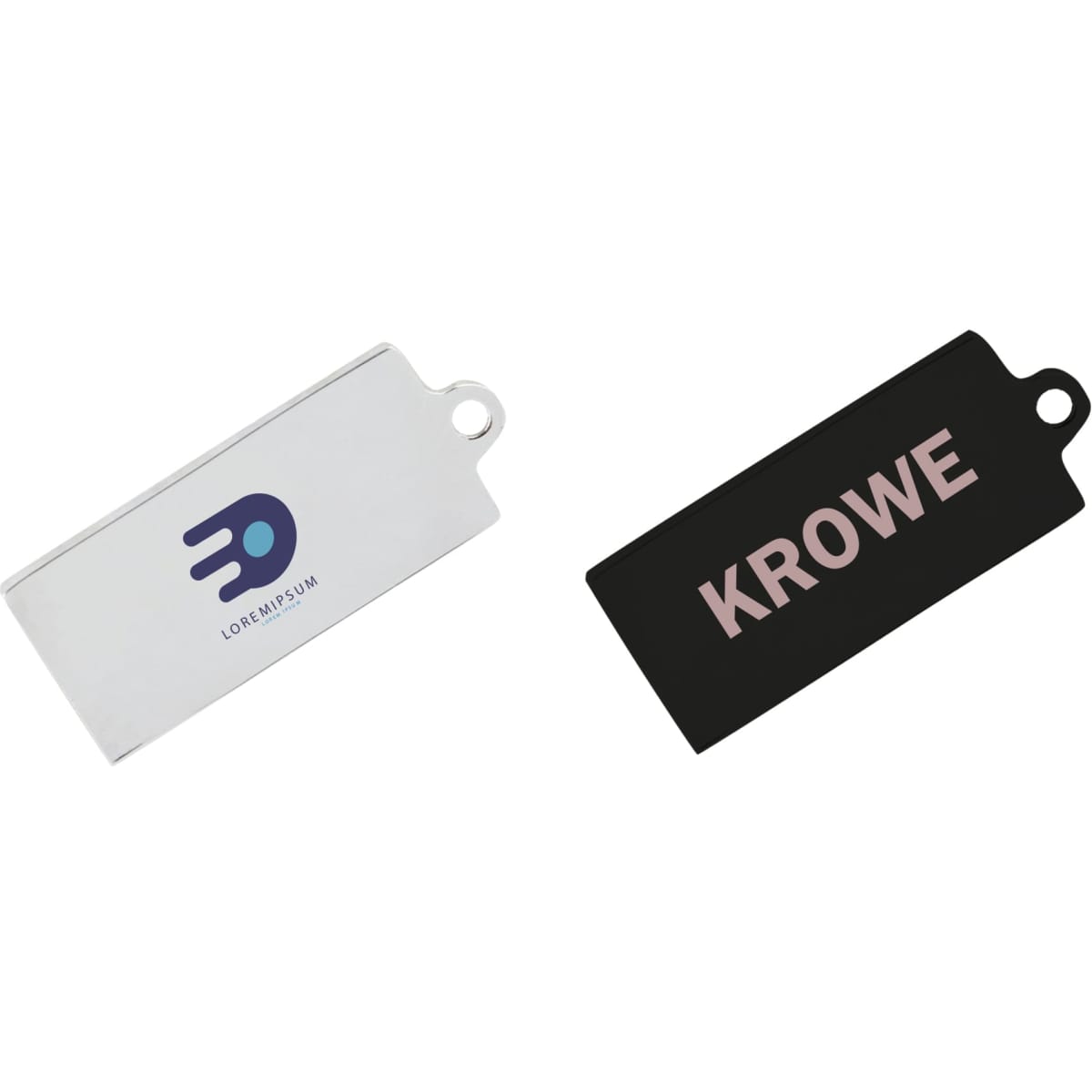 A silver and black Mini Europa Flash Drive, featuring branding on both sides and a hole for attachment.