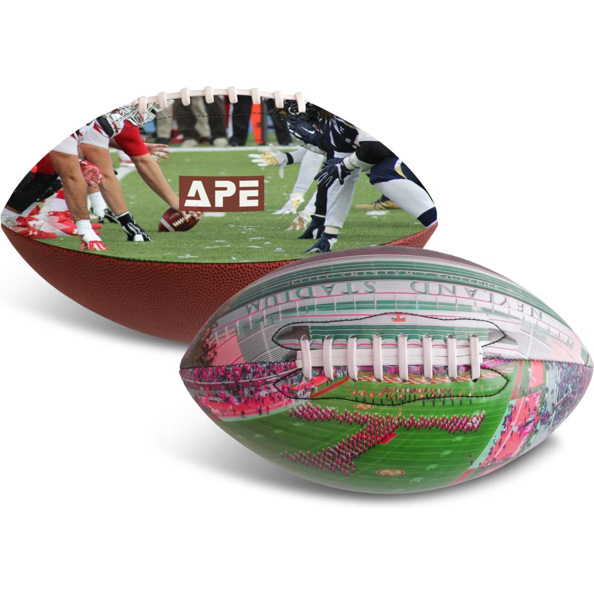 A promotional American football featuring a textured brown surface and colourful printed graphics, including a logo.