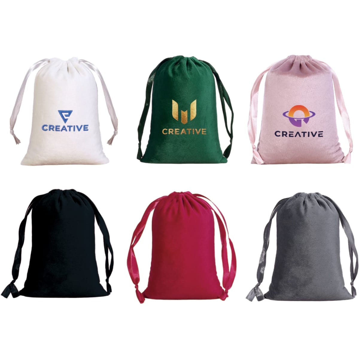 A collection of six drawstring bags in white, green, pink, black, red, and grey, each featuring a logo.