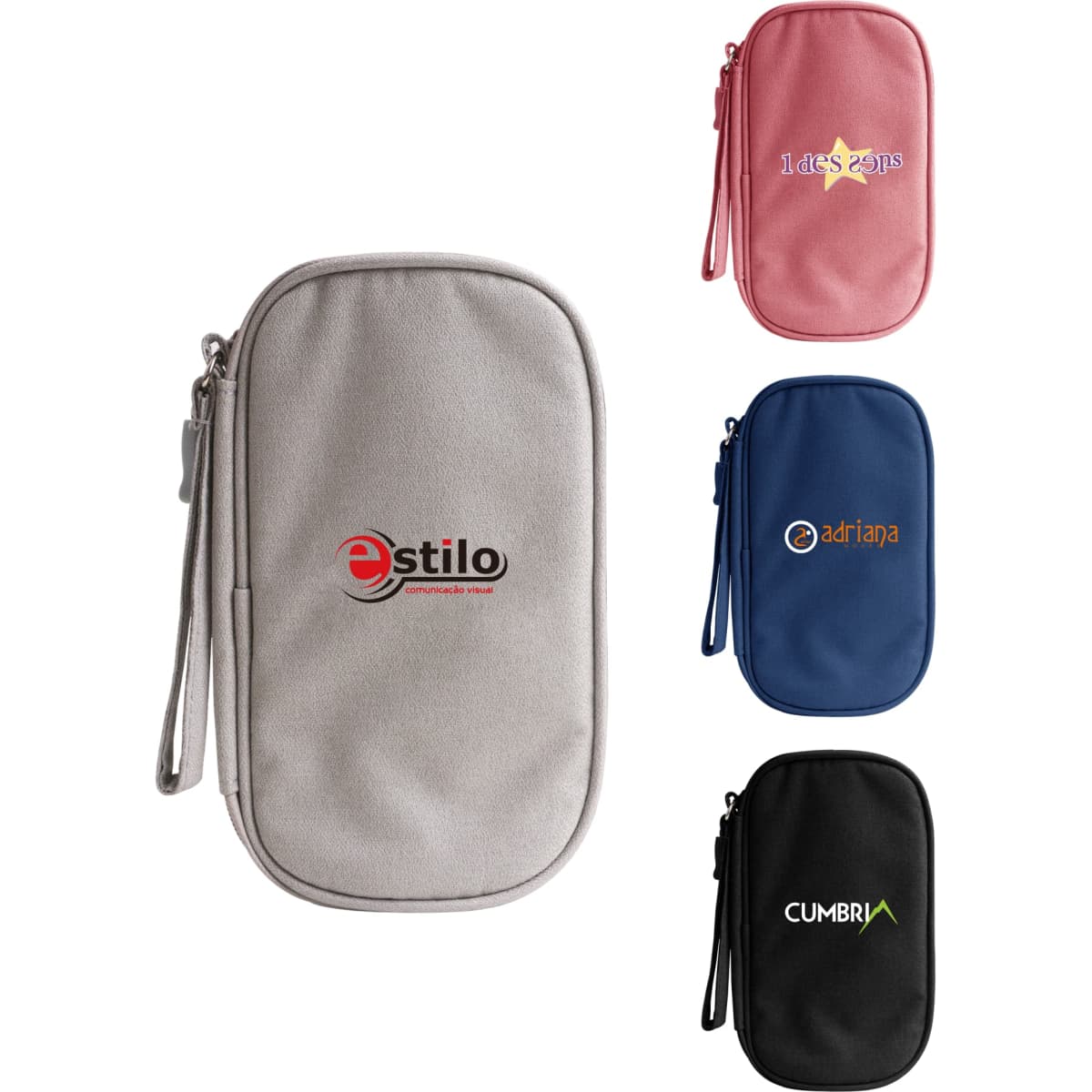 A variety of electronic accessory organiser bags in grey, pink, and black, featuring different logos.