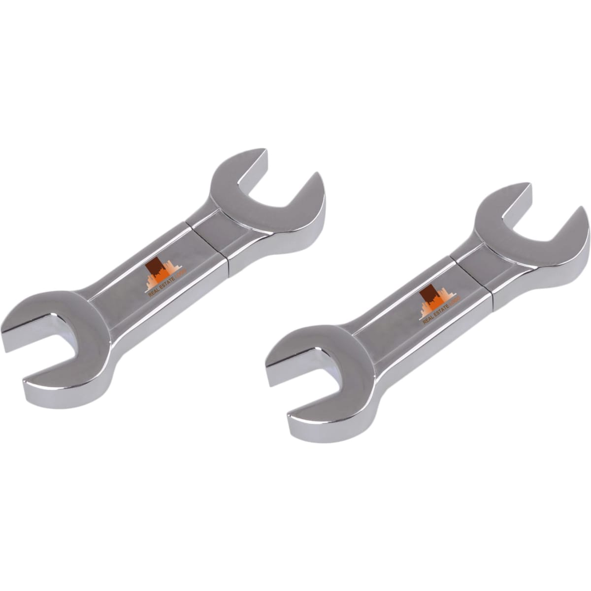 A dual spanner flash drive in silver colour, featuring a metallic finish and a branding logo in the centre.