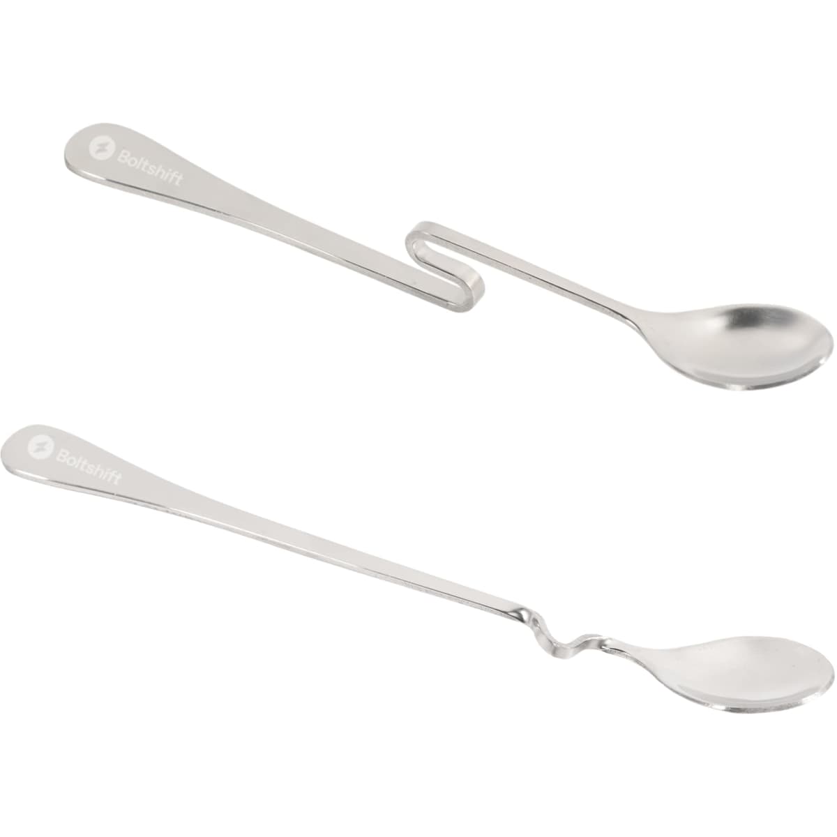 A silver hanging cup spoon set with two differently shaped spoons, featuring a logo on one side.