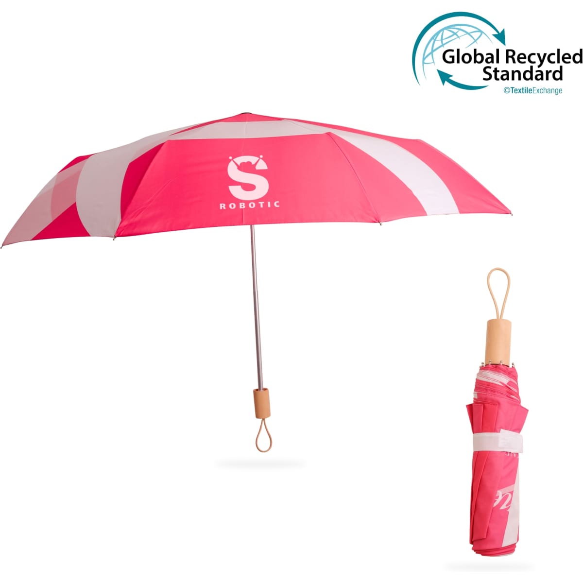 A lightweight pink umbrella with a wooden handle and a compact design for easy storage, featuring a logo.