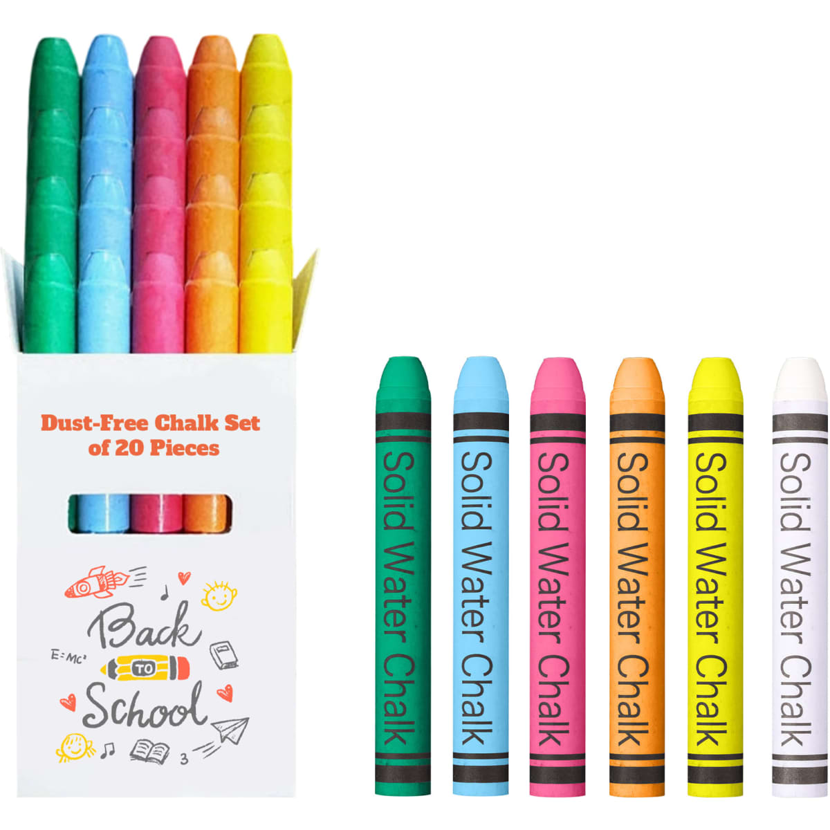 A box of 20 dust-free chalk sticks in various colours, including yellow, green, blue, and pink, with branding visible.