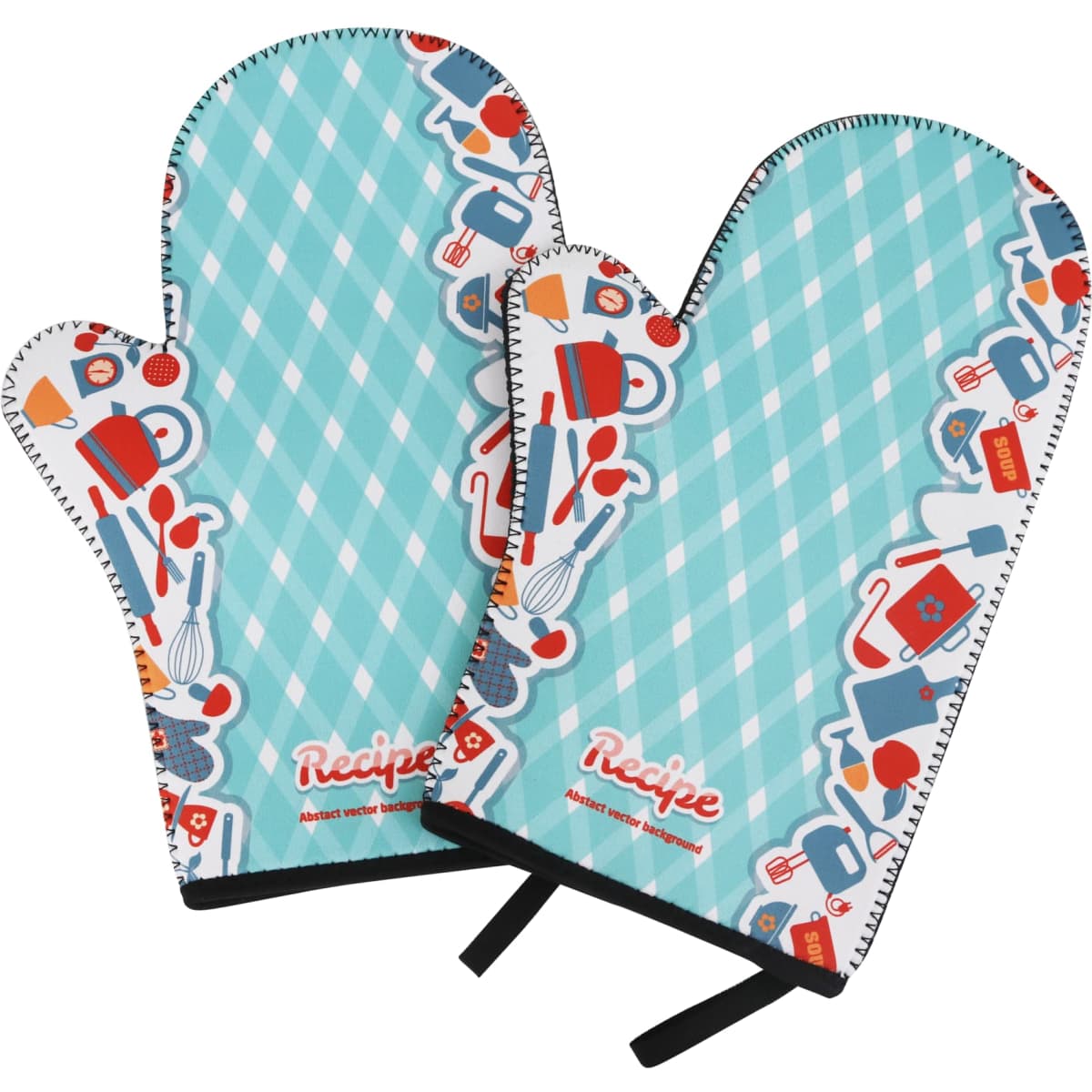 A pair of turquoise neoprene oven mitts with a playful kitchen-themed pattern and a branding logo.