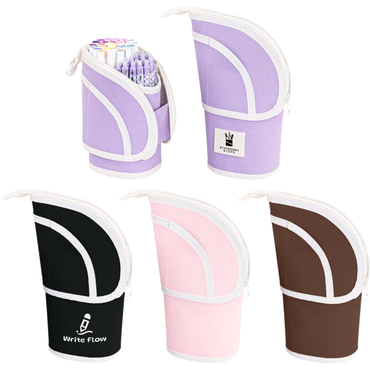 A collection of Oxford Expandable Pencil Cases in lavender, black, pink, and brown, featuring a zip closure and a branding logo.