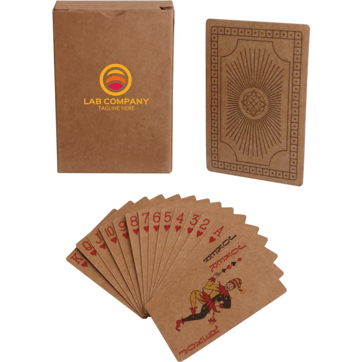 Kraft paper playing cards in a brown box with a classic design, featuring red and black illustrations on the cards.