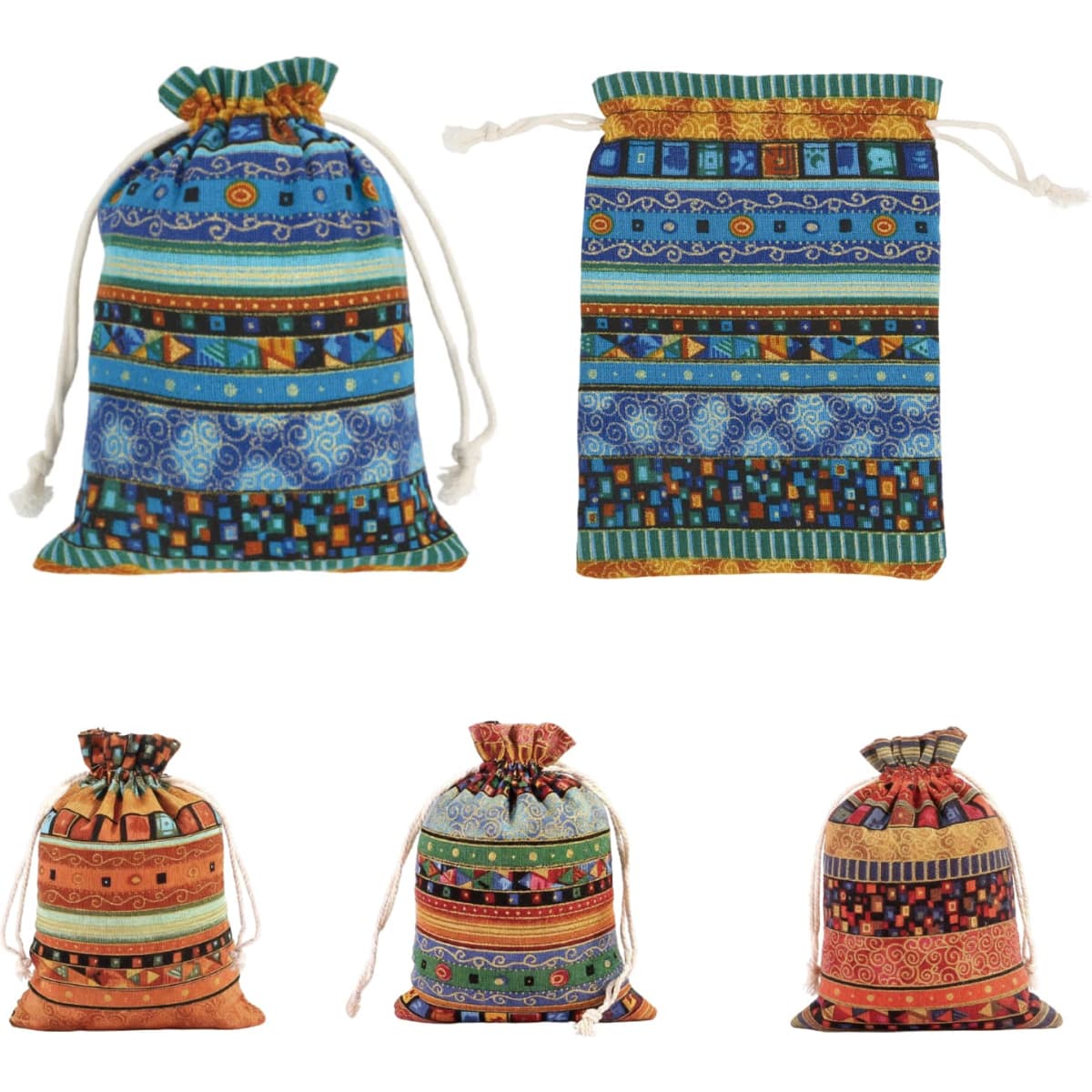 Linen burlap drawstring bags in vibrant patterns of blue, orange, and green with decorative designs and drawstring closures.