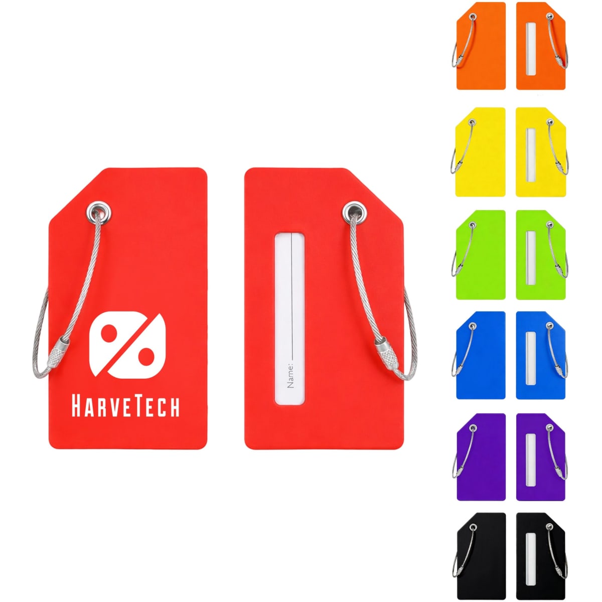 A soft silicone luggage tag in red with a silver metal ring, alongside various coloured tags: purple, green, yellow, orange, and black.