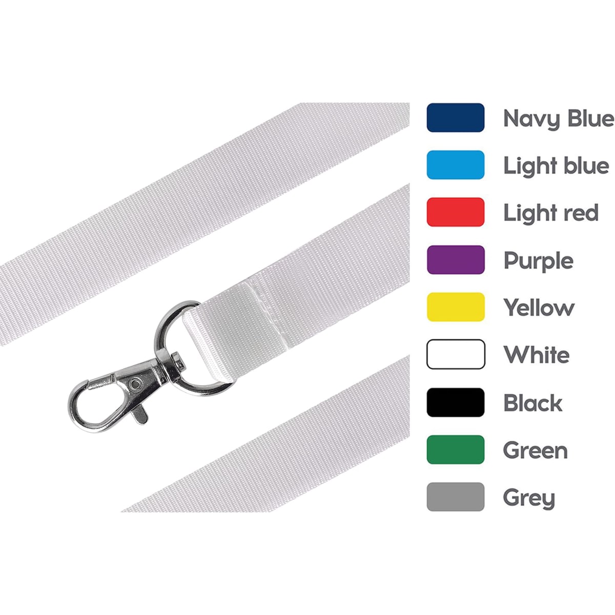 A Nylon lanyard in various colours including navy blue, light blue, light red, purple, yellow, white, black, green, and grey, with a metal clasp.