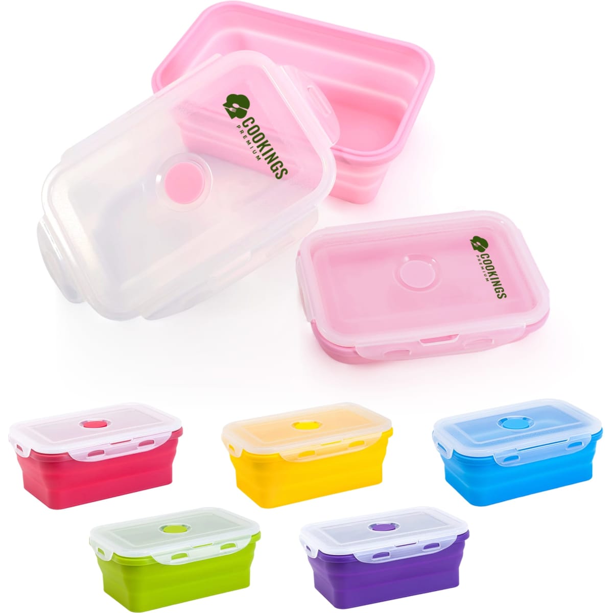 Collapsible silicone food storage containers in pink, purple, green, yellow, and clear, with a logo on some containers.