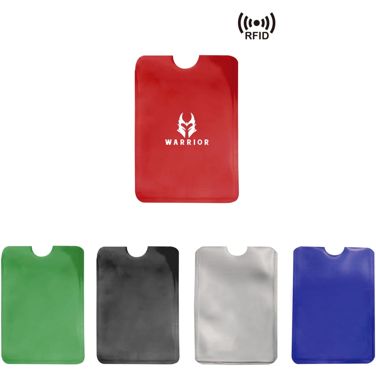 A set of RFID card protector sleeves in red, green, black, silver, and blue, featuring a logo on the red sleeve.