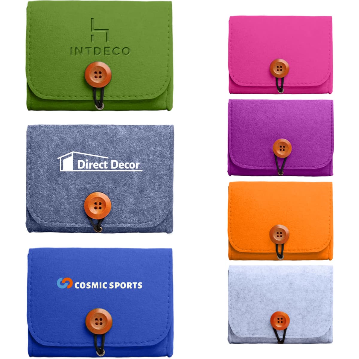 A collection of felt essential oil bags in green, purple, orange, blue, and grey, featuring wooden button closures.
